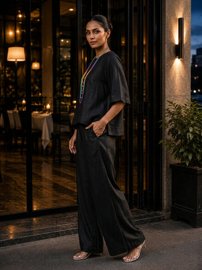 KoraKanvas Midnight Black Muslin Silk Co-ord Set 2