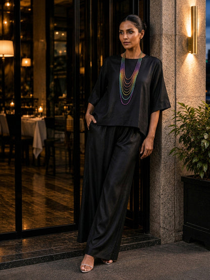 KoraKanvas Midnight Black Muslin Silk Co-ord Set 4