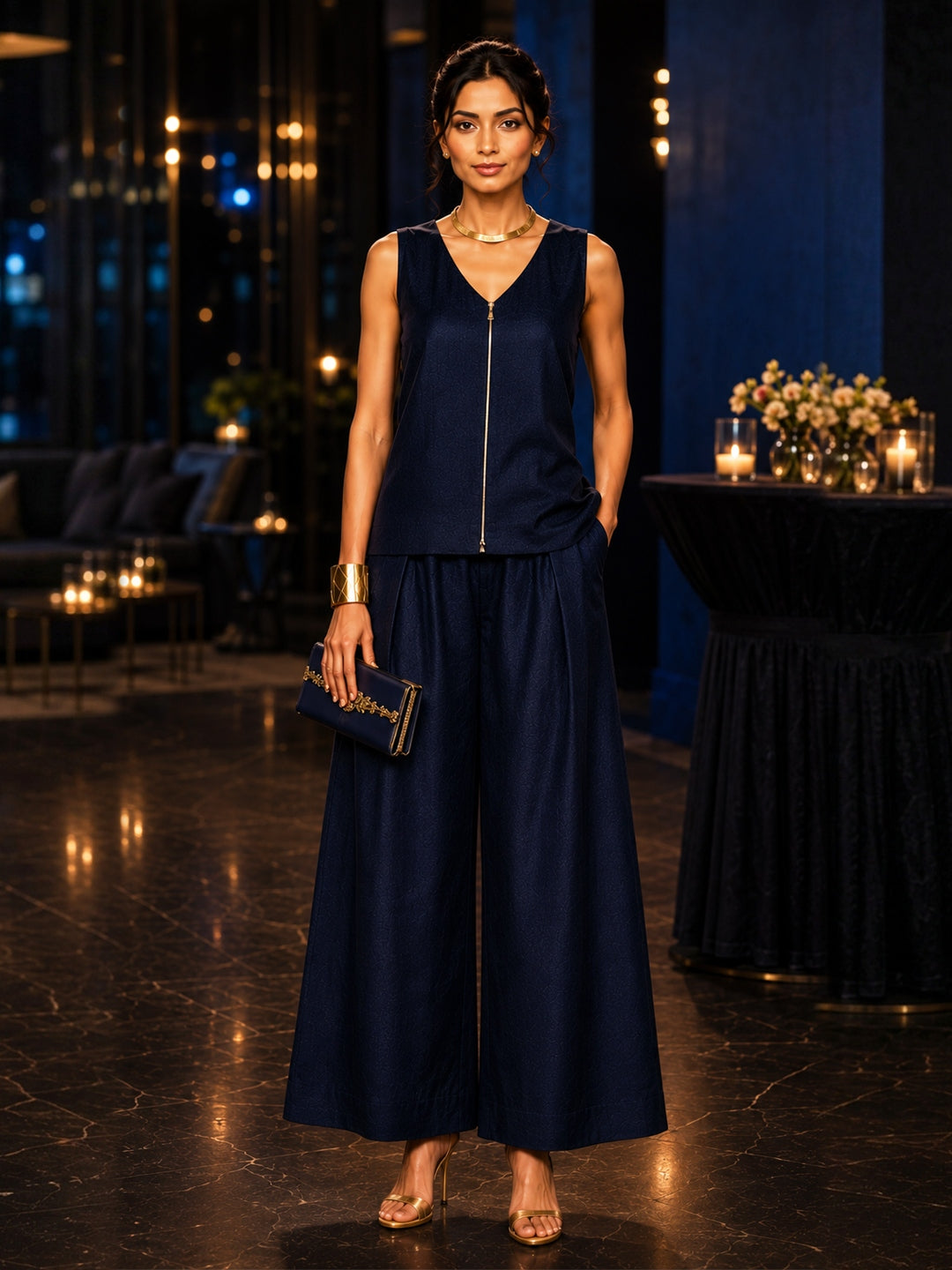 KoraKanvas Midnight Blue Silk Co-ord Set
