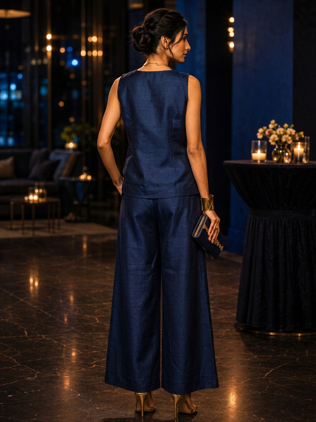 KoraKanvas Midnight Blue Silk Co-ord Set 3