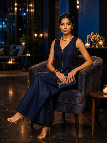 KoraKanvas Midnight Blue Silk Co-ord Set 4