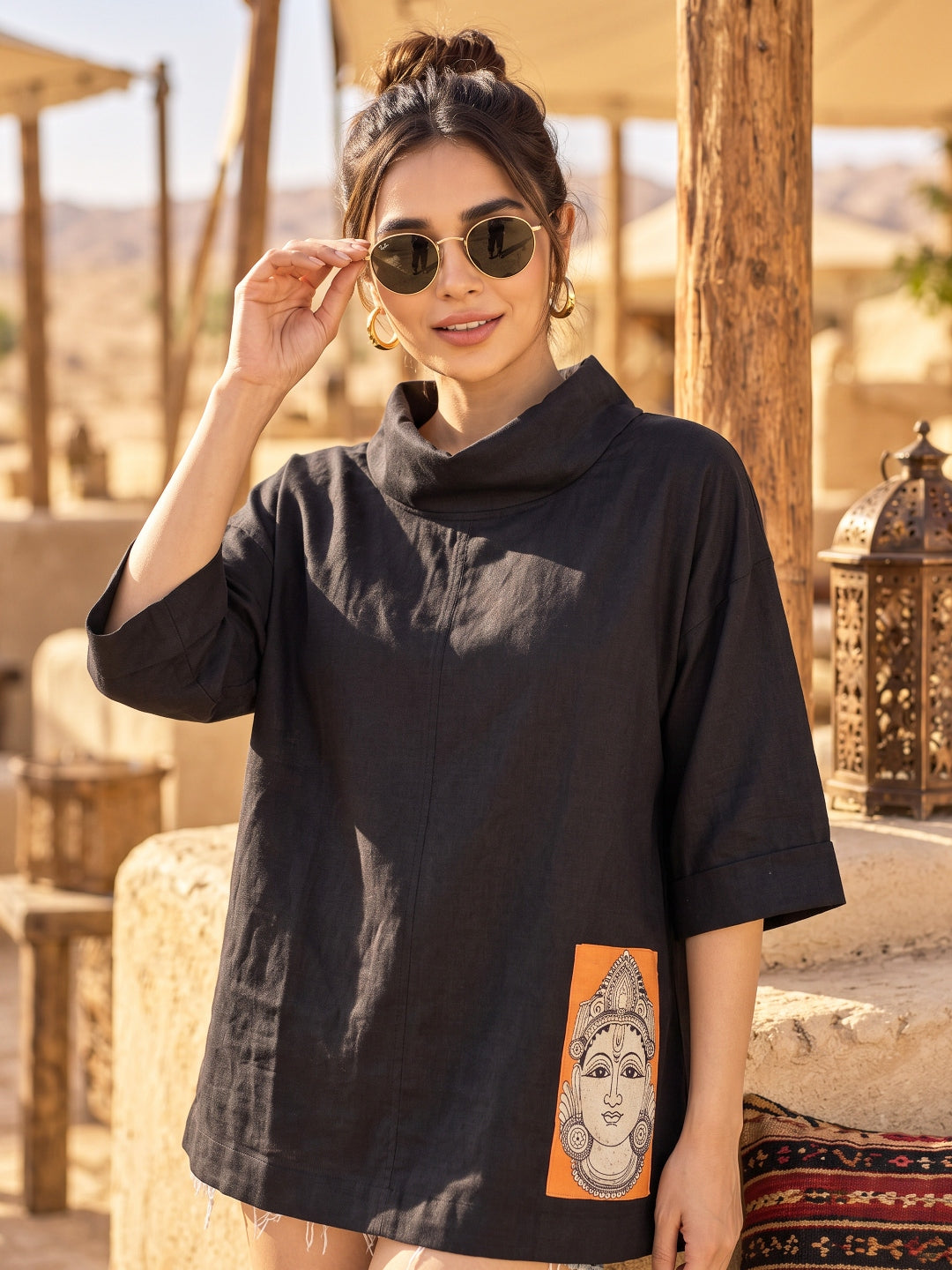 KoraKanvas Offbeat Black Linen Cowl Top 5