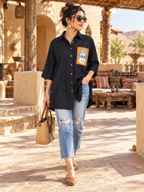 KoraKanvas Offbeat Black Linen Shirt