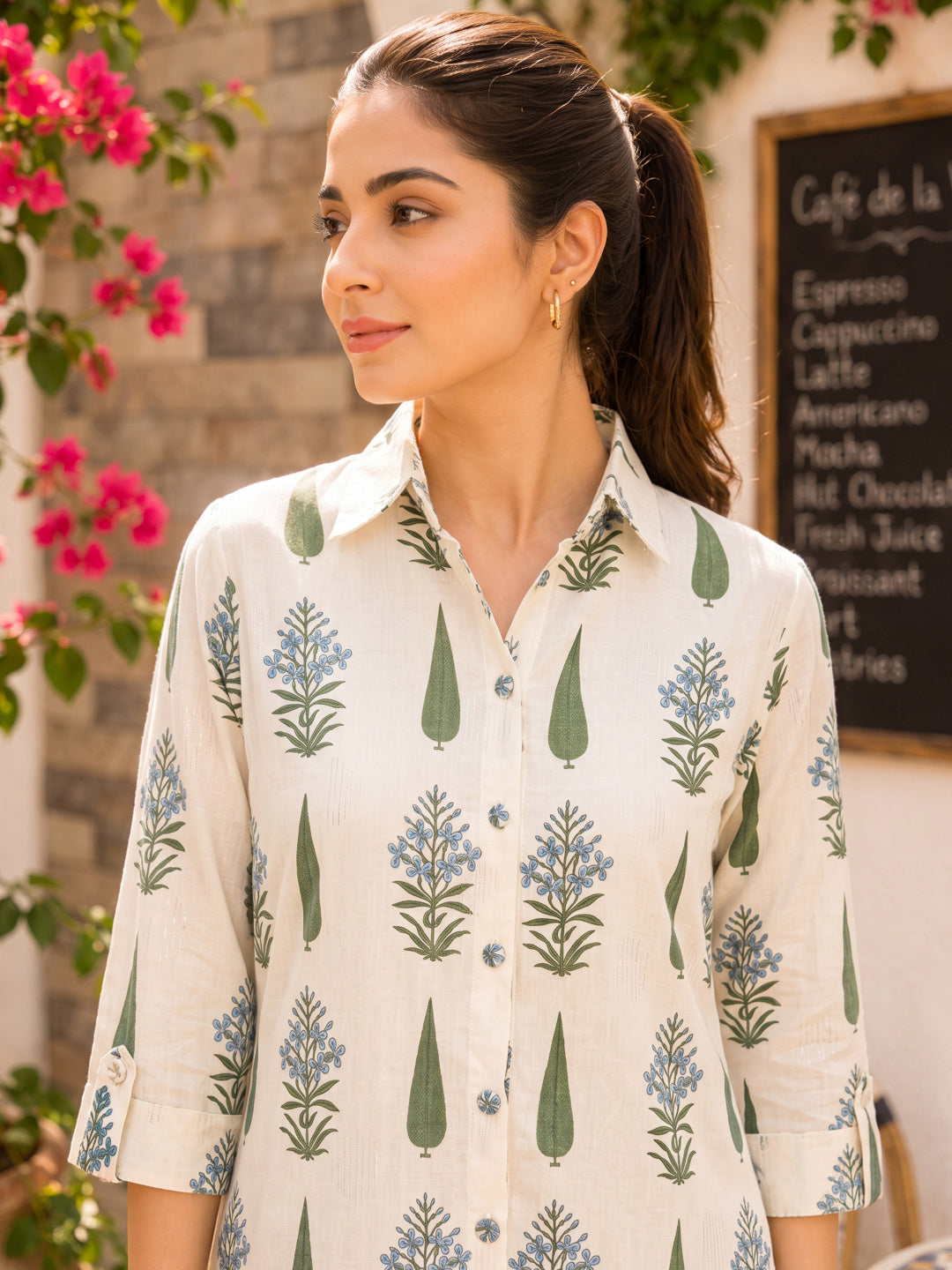 KoraKanvas Olive Bloom Cotton Shirt Dress 3