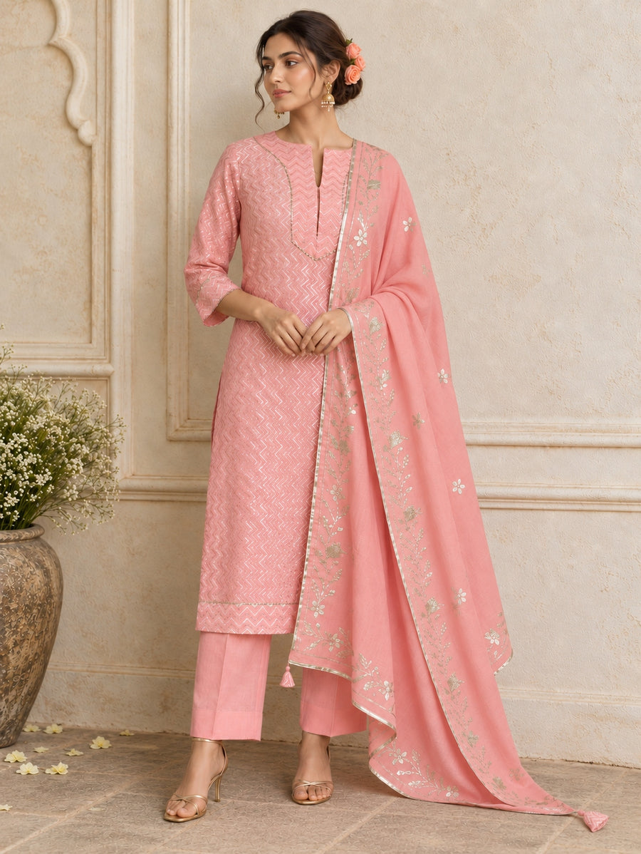 KoraKanvas Peach Meets Gold Gota Kurta Set 1