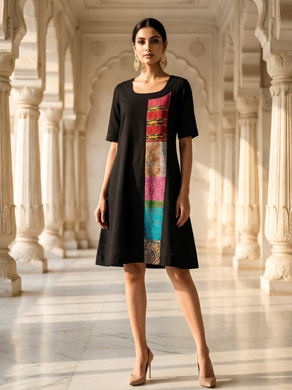 KoraKanvas Silk Patch Black Linen Dress 1