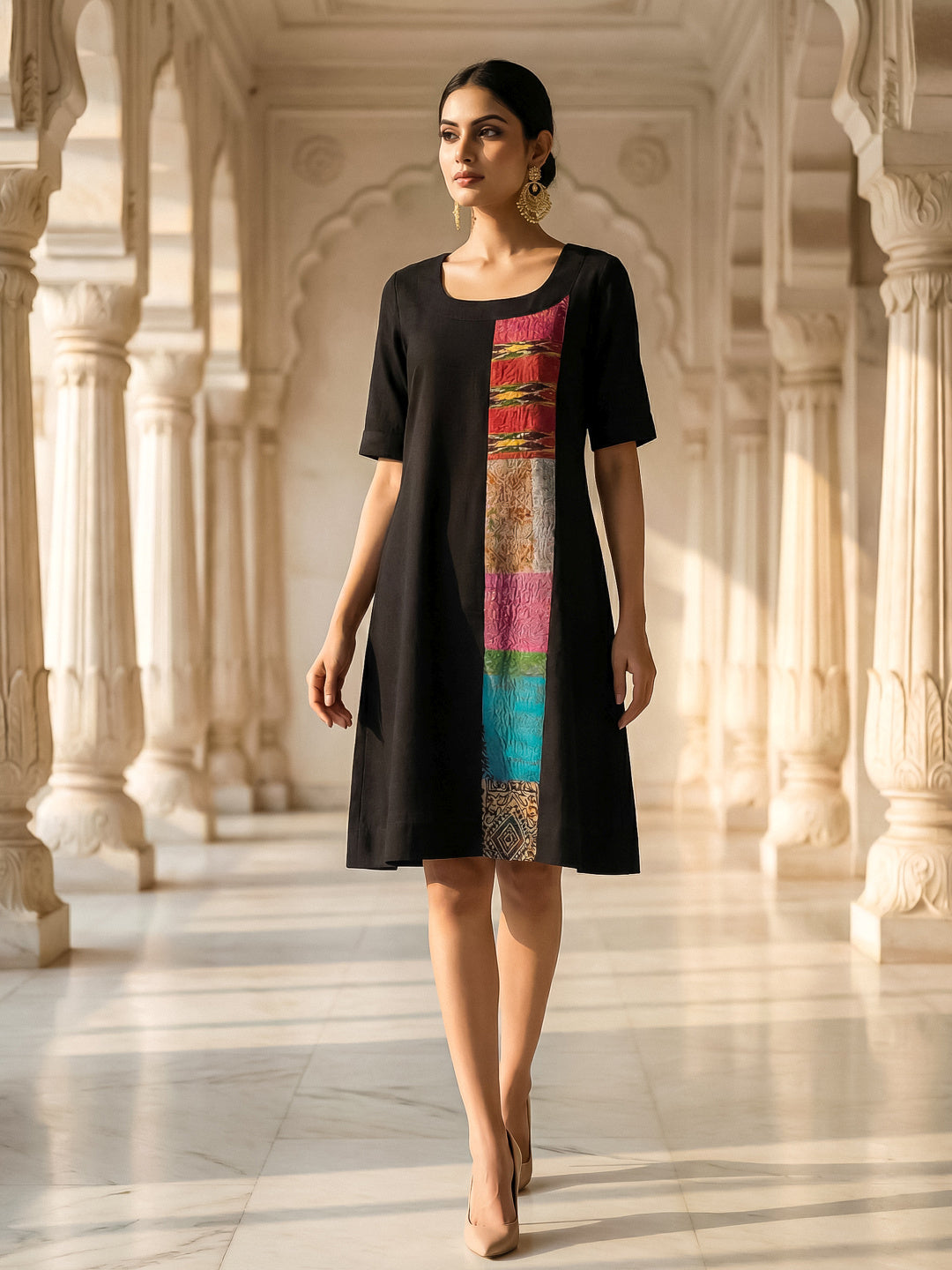 KoraKanvas Silk Patch Black Linen Dress 2