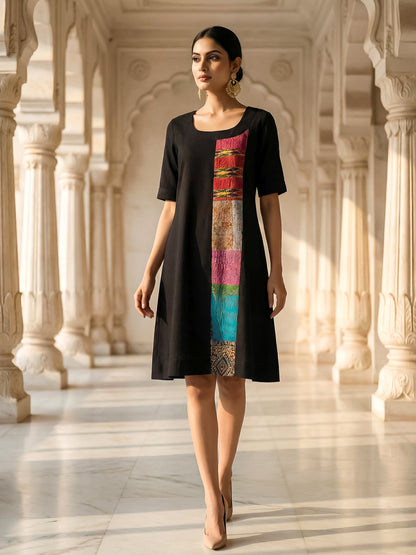 KoraKanvas Silk Patch Black Linen Dress 2