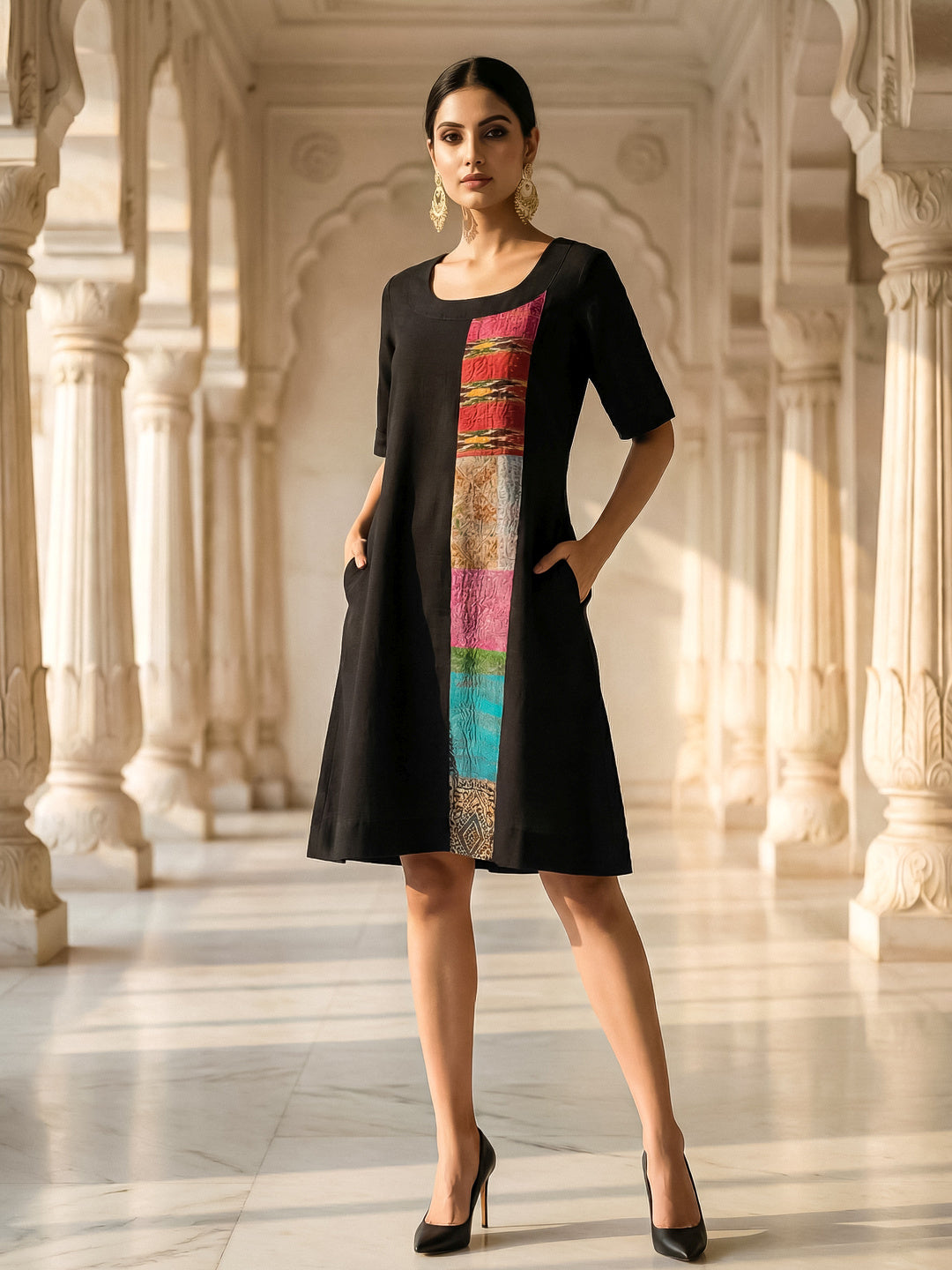 KoraKanvas Silk Patch Black Linen Dress 4