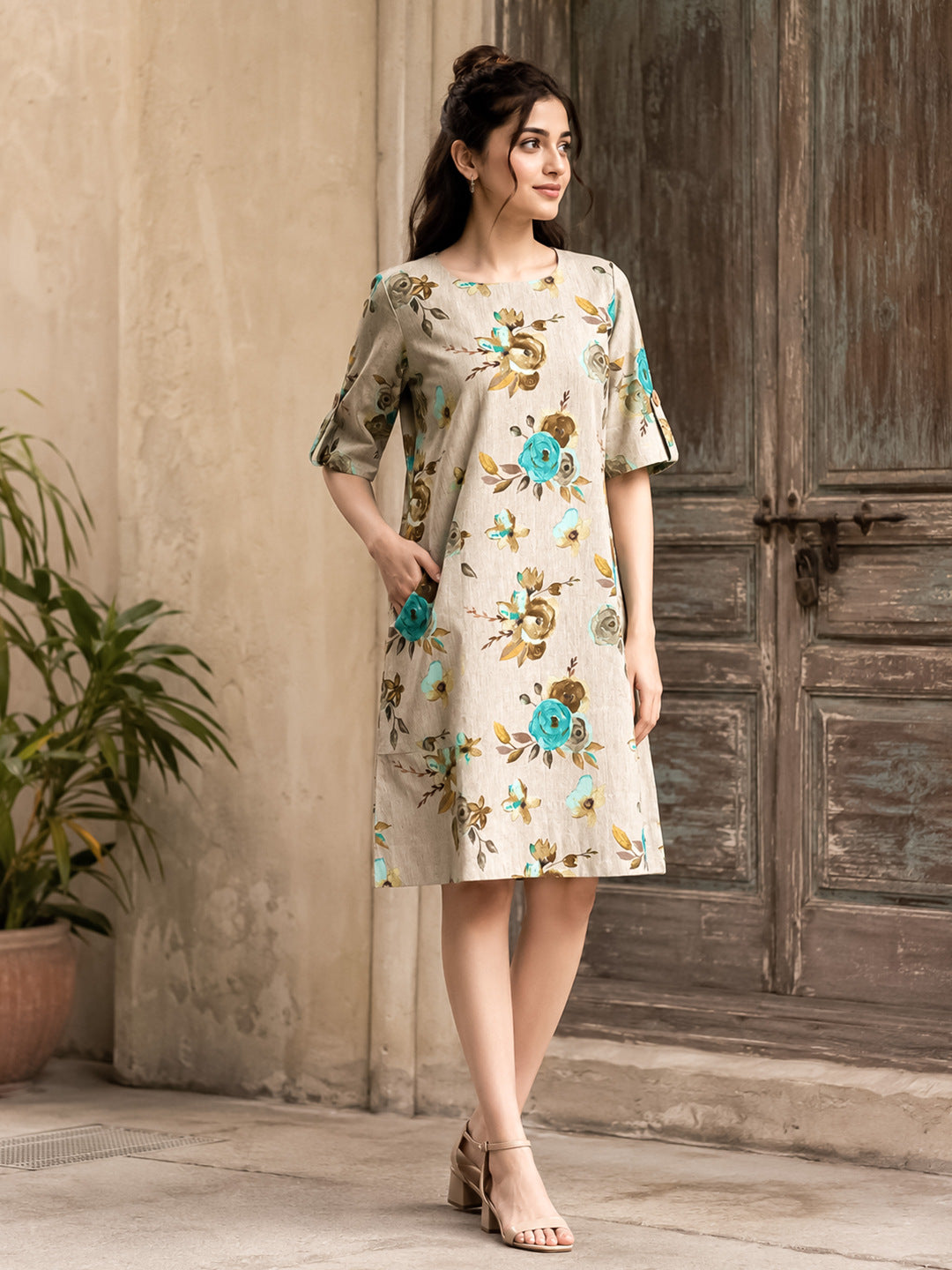 KoraKanvas Teal Rose Cotton Linen Shift Dress 1
