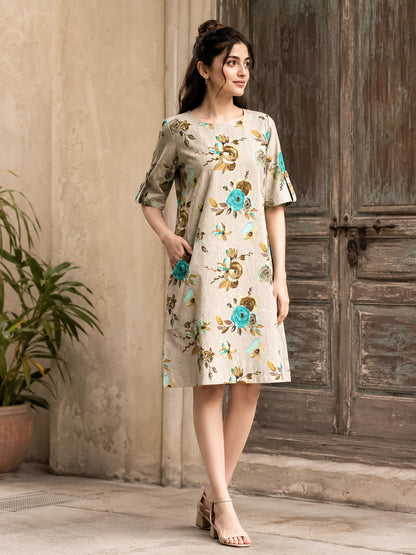 KoraKanvas Teal Rose Cotton Linen Shift Dress 1