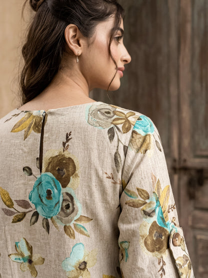 KoraKanvas Teal Rose Cotton Linen Shift Dress 3