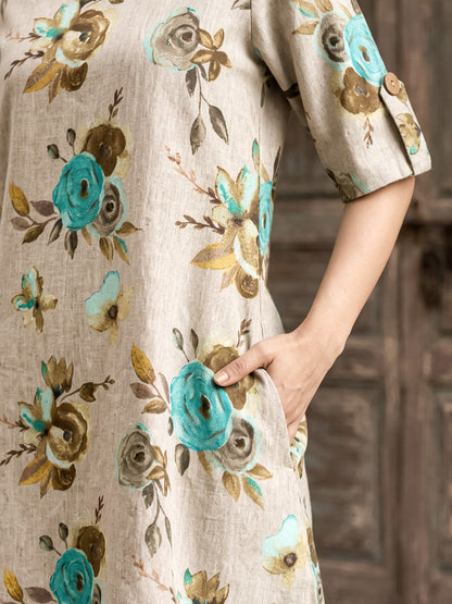 KoraKanvas Teal Rose Cotton Linen Shift Dress 4