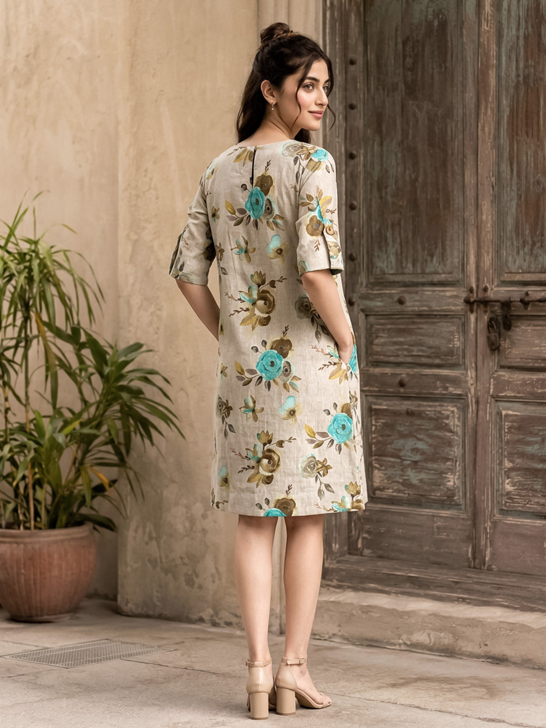 KoraKanvas Teal Rose Cotton Linen Shift Dress 5