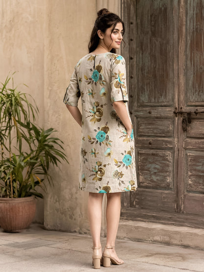 KoraKanvas Teal Rose Cotton Linen Shift Dress 5